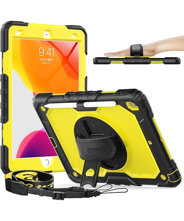 Timecity Case for iPad 9th/ 8th/ 7th Generation 10.2 inch - Heavy Duty Protective Cover with Screen Protector, Rotating Stand, Shoulder Strap & Pencil Holder | Kids-Friendly (Yellow)