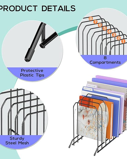 Incline Metal Desk Magazine Folder Holder, Sorter Desk File Organizer with 8-Section Vertical Compartments Rack File Organizer for Office, Home, School