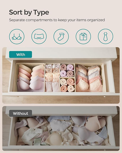 SONGMICS Drawer Organizers, Dresser Divider Organizers, Set of 12, Foldable Fabric Storage Boxes for Socks, Underwear, Bras, Ties, Scarves, Summer Sand URDZ006Y02