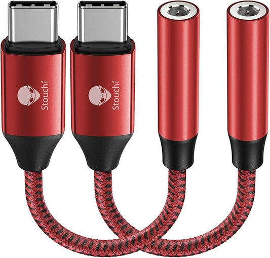 Stouchi USB C to 3.5mm Dongle Adapter, Type C Headphone Audio Jack Cable Cord Hi-Fi DAC Chip for iPhone 17/16 /15, Pixel 9/8 /7/6, iPad, Samsung Galaxy S25 S24 S23 Ultra (2, Red, 0.38ft*2)