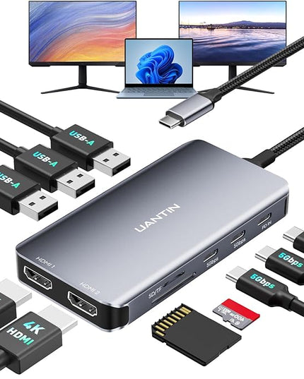 USB C Docking Station Dual Monitor, 10-in-1 USB C to Dual HDMI Adapter with 2HDMI Ports, USBC & USBA 3.0, SD/Micro SD, 100W PD, Laptop Docking Station for Dell XPS/HP/Lenovo/Mac/Surface etc
