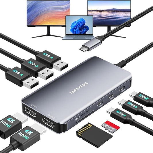 USB C Docking Station Dual Monitor, 10-in-1 USB C to Dual HDMI Adapter with 2HDMI Ports, USBC & USBA 3.0, SD/Micro SD, 100W PD, Laptop Docking Station for Dell XPS/HP/Lenovo/Mac/Surface etc