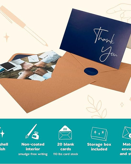 VNS Creations 20 Pack Thank You Cards With Envelopes, Stickers, 4x6 Inch Blank Thank You Notes - Bulk Box Set Large Notes for Graduation, Wedding, Small Business, Baby & Bridal Shower - Navy Blue