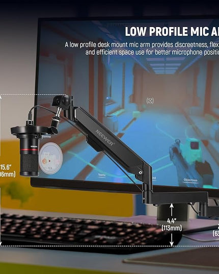 Neewer Low Profile Mic Arm Desk Mount, 360° Swivel Boom Arm with Pneumatic Damping Adjustable, Cable Management, Compatible with Shure MV7 SM7B Blue Yeti Gaming Streaming Podcast Microphone, MS002