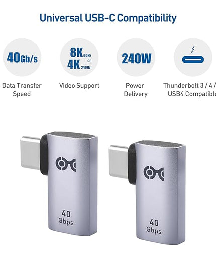 Cable Matters 2-Pack 40Gbps Flat Right Angle USB C Adapter, Up to [4K@240Hz Video, 240W Charging, 40Gbps Data Transfer] 90 Degree USB C Adapter, Compatible with Thunderbolt 4, iPhone 16, Steam Deck