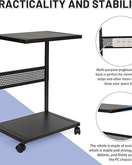 PC Stand Computer Tower Stand 2-Tier Metal CPU Holder with Locking Caster Wheels Suitable for Most PC (S,Black)