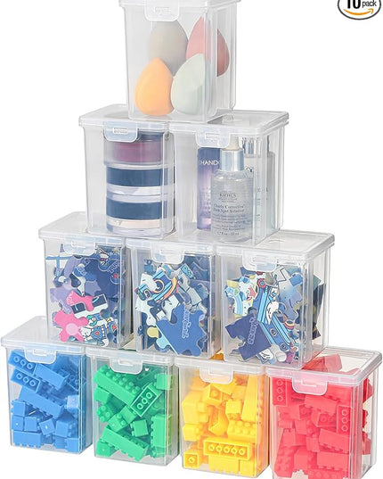 10 Pack Small Clear Storage Bins with Lids - Stackable Plastic Organizer Boxes for Crafts, Art Supplies, Jewelry, Beads, Office Tools - 3.5x3.5x4.5 Inch, Square Medium