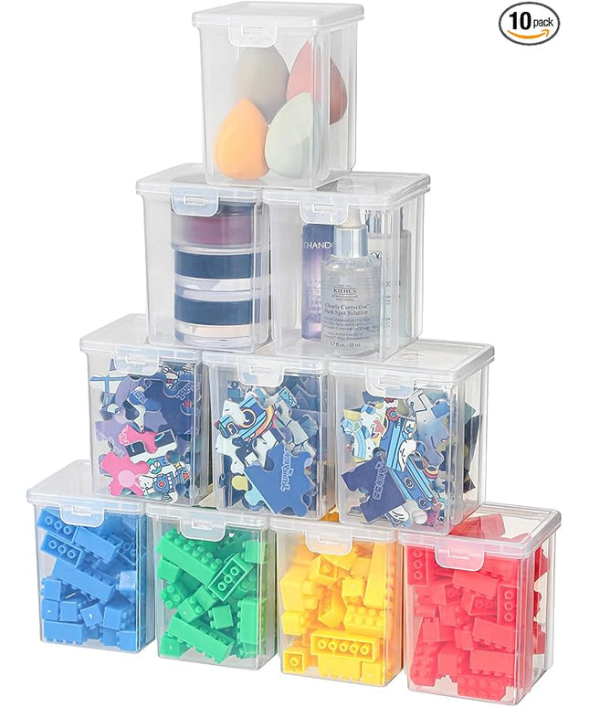 10 Pack Small Clear Storage Bins with Lids - Stackable Plastic Organizer Boxes for Crafts, Art Supplies, Jewelry, Beads, Office Tools - 3.5x3.5x4.5 Inch, Square Medium