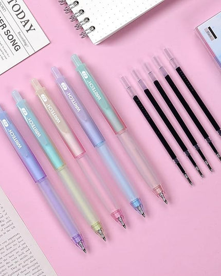 WRITECH Retractable Gel Ink Pens: 0.7mm Fine Point Black-Ink Aesthetic Gradient Color Barrel Soft Grip Medium Point Pen 5ct with 5 Refills for Journaling Smooth Writing Quick-dry No Bleed