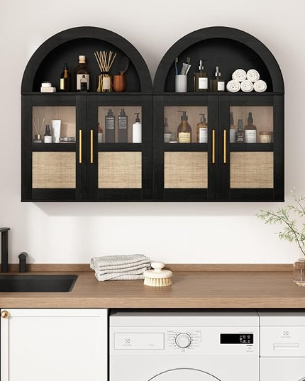 RUSTOWN Arched Bathroom Wall Cabinet, Rattan Medicine Cabinet with 2 Glass Doors, Farmhouse Over The Toilet Storage Cabinets with Adjustable Shelves, 3-Tier Wall Mounted Cabinets