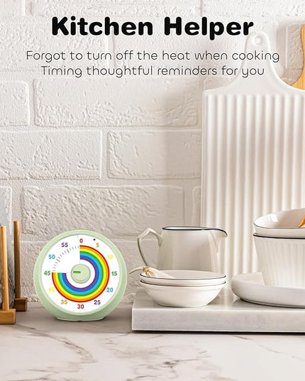Visual Timer for Kids, 60-Minute Countdown Timer for Classroom Office Kitchen, Desk Timer Kids Time Management Tools with Silent Operation, Pomodoro Time Rainbow Pattern (Grass Green)