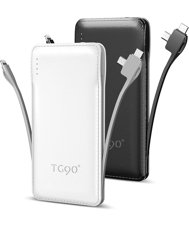 TG90° 2 Pack 10000mAh Slim Portable Charger with Built in Cables,Power Bank Travel Charger Cell Phone External Battery Pack,4 Output External Battery Pack Compatible with iPhone Android Phone