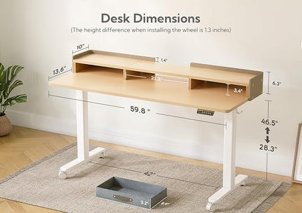Claiks Standing Desk with Drawers, Adjustable Stand Up Electric Standing Desk Adjustable Height with Storage Shelf and Splice Board, 59 Inch, Natural