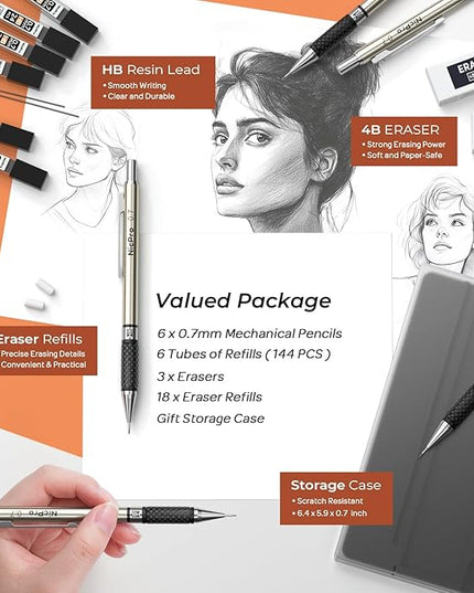 Nicpro 0.7 mm Art Mechanical Pencils Set, 6 PCS Metal Drafting Pencil 0.7mm Tube HB Lead Refills & 18 Cap Eraser for Adults, Children, Artist Writing, Drawing, Sketching, Black