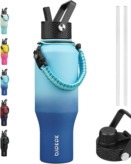 BJPKPK Insulated Water Bottles with Straw Lid, 35oz Metal Water Bottle with 2 lids & Paracord Strap, Double Wall Stainless Steel Vacuum Tumblers, Cups, Mugs, Thermo for Hot& Cold Drinks, Sky