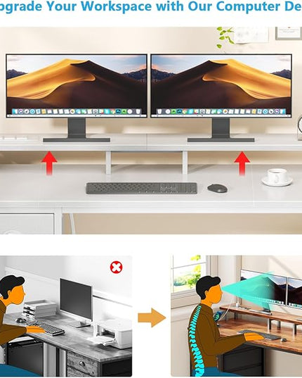 Furologee 47" White Computer Desk with 4 Fabric Drawers & Monitor Stand, Gaming Desk with Power Outlets - LED Lights, Home Office Space-Saving Study Table for Bedroom Small Spaces