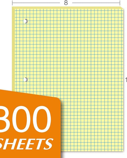 KAISA Loose Leaf Notebook Paper, 4x4 Quad Graph Ruled, 300 Sheets Per Lined Paper, 8" x 10.5", 3 Hole Punched for 3 Ring Binder, Canary, Made In USA