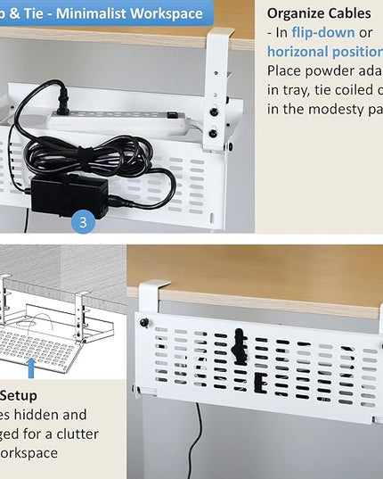 AEONS Universal Under Desk Cable Management Tray-Clamp Mount Hinged Swing Modesty Panel Organizer for Office Desks Easy Access Flip-Down position Power Strip Cord Storage No-Drill 25 lb Capacity White