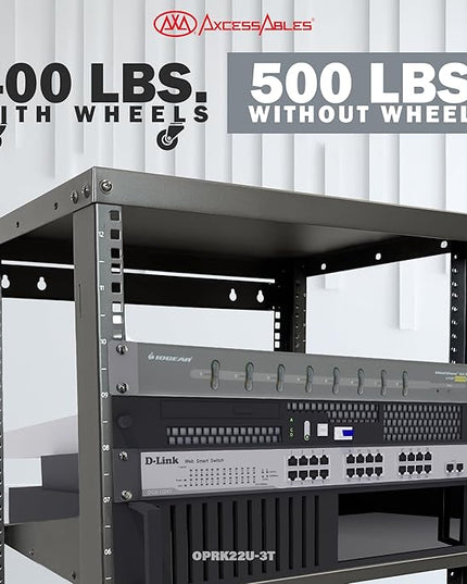 AxcessAbles 22U Open Frame Network & AV Rack with Caster Wheels, Three 2U Shelves, 10-32 & Cage Nut Compatible Rails, Cage Nuts, Screws, Cage Nut Tool & Wall Mount Kit | 19-Inch Equipment Rack