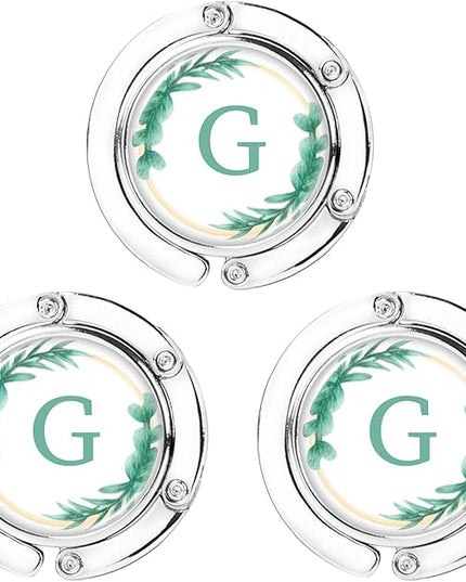 Iqimott 3pcs Personalized Initial Foldable Purse Hook for Table, Flower Letter Folding Handbag Hanger Portable Magnet Table Hook Holder, Collection Desk Purse Hooks for Women Bag (Green-G)