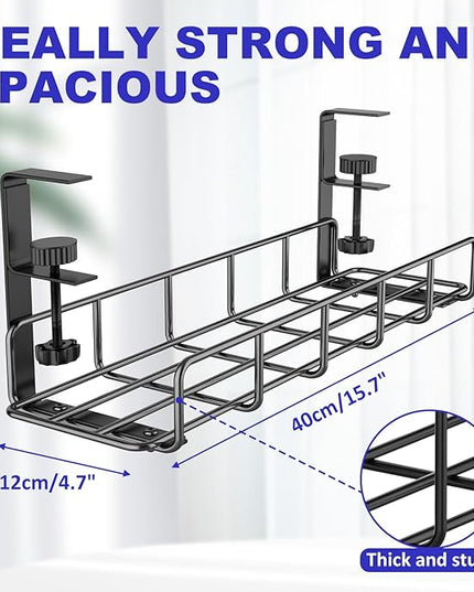 15.7” Under Desk Cable Management Tray, No Drill Steel Cable Tray Organizers, Wire Management Tray Cable Rack with Clamp Mount, Metal Under Desk Tray with Wire and Cord Organizer (Black, 1 Pack)