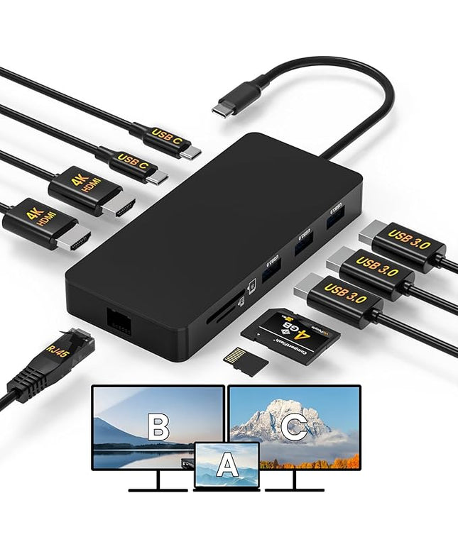 Laptop Docking Station Dual 4K HDTV Monitor, Fophmo USB C to 2 HDTV Splitter Extended Display, 1000Mbps LAN, USB A&C 3.0 Ports(10Gbps), SD/TF Card, 100W PD Charging, MacOS Only Mirrors Same Screen