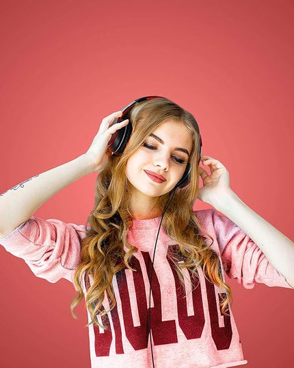 LORELEI X6 Over-Ear Headphones with Microphone, Lightweight Foldable & Portable Stereo Bass Headphones with 1.45M No-Tangle,Wired Headphones for Smartphone Tablet MP3 / 4 (Black-Red)