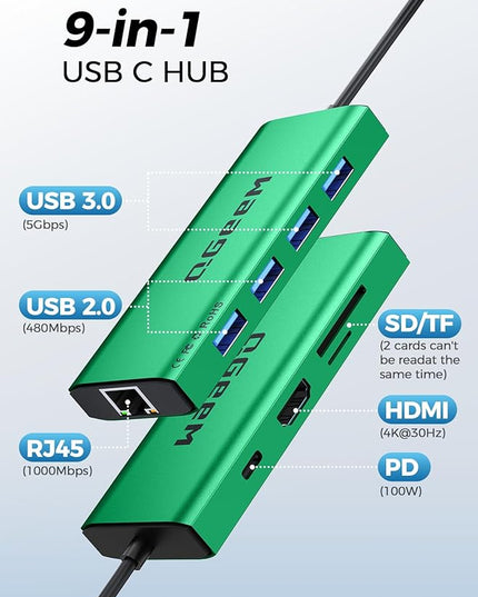 QGeeM USB C Hub Ethernet,9 in 1 USB Type C Hub HDMI Multi-Port Converter Adapter,100W Pd, USB 3.0,SD/TF Card Reader,Compatible for MacBook Pro Air Ipad HP Dell Lenovo Chromebook etc.-Green