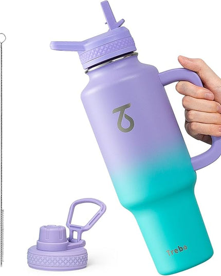 Trebo 40 oz Water Bottle Insulated Fit Car Cup Holder with Handle, Stainless Steel Water Bottles Tumbler with Spout Straw Lids, Double Wall Travel Reusable Flask, Leakproof Mug,Keep Cold &Hot,Purple