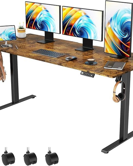63 x 28 inch Electric Standing Desk Adjustable Height with 4 Wheels, 4 Memory Height Settings, 2 Headphone Hook, for Home Office, Splice Board Brown