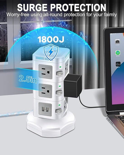 Power Strips Surge Protector 1800J, ODOM Power Strip Tower with 15W Wireless Charger, 13A,4 USB Ports + 10 AC Outlets + 6 Ft Retractable Extension Cord,Plug Outlet Charging Tower for Home Office