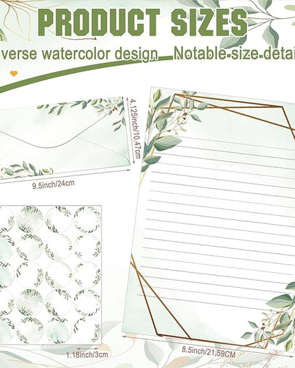 TaoBary 160 Pcs Stationery Paper Set 50 Double Sided Stationery Papers with 50 Matching Envelopes and 60 Round Dot Sticker, 10 Design(Green Leaves,8.5 x 11 Inch)