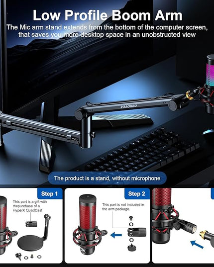 Microphone Arm,Aokeo AK-58 Desk Low Profile Adjustable Mic Boom Arm Stand,Suitable For Blue Yeti,Snowball iCE, HyperX QuadCast,SoloCast,Elgato Wave,Etc