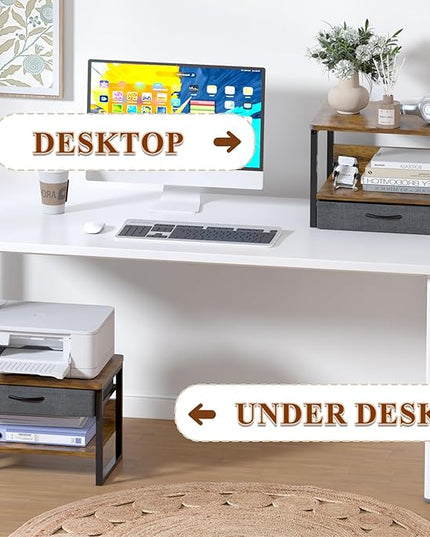 MARTY Printer Stand with Storage Drawer for Desk, 2-Tier Desktop Printer Stand Shelf Organzier for Home Office Printer Riser Under Desk Small Printer Table (Rustic Brown)