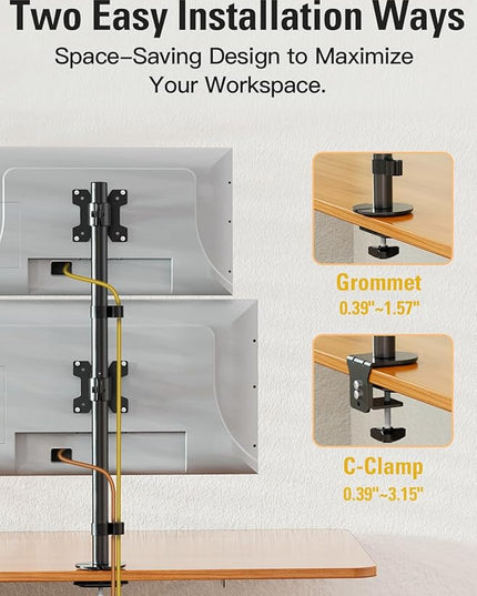 Stable Vertical Dual Monitor Stand, Stacked Monitor Mount for 2 Screens Up to 32 inch, Full Motion Monitor Desk Mount with Swivel, Tilt, Rotation, Holds 17.6 lbs Each, Max VESA 100x100mm