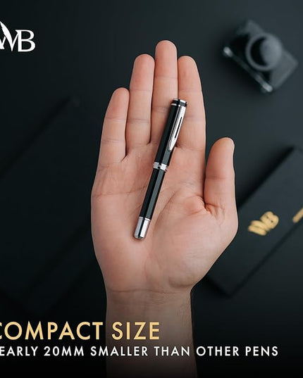 Wordsworth and Black Fountain Pen Mini EDC: Luxury Black Heavy Pocket Pen, Chrome Finish, Medium Nib, 6 Ink Cartridges, Ink Converter, Travel Refillable Writing Pen Gift Set, Men & Women
