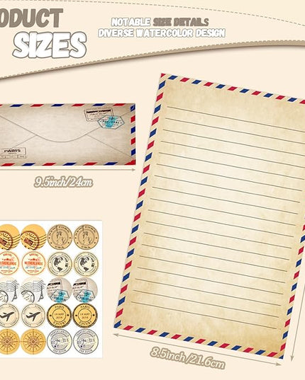 TaoBary 160 Pcs Stationery Paper Set 50 Double Sided Stationery Papers with 50 Matching Envelopes and 60 Round Dot Sticker, 10 Design(Vintage Travel,8.5 x 11 Inch)