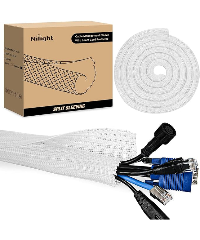 Nilight Cable Sleeve,25ft-1inch Cord Management Sleeves, Braided Sleeving, Split Self Wrapping Wire Loom for Computer Electrical Automotive Harness Protector Organizer, White