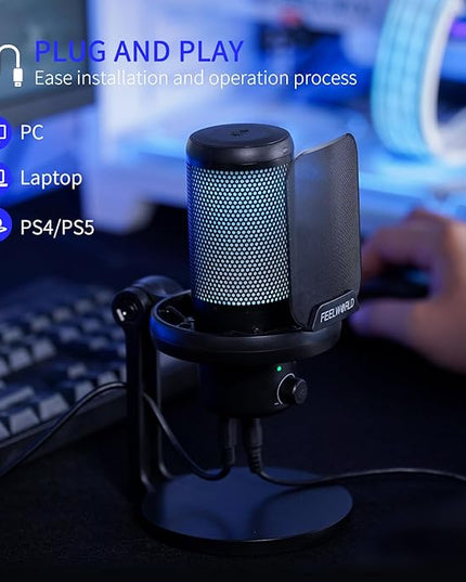 FEELWORLD VM1 Gaming PC USB Microphone Condenser Mic with Noise Cancellation Mute RGB Light, Computer Accessories Gifts for Gamer YouTube Twitch Podcast Streaming Recording Online Chat PS4 PS5