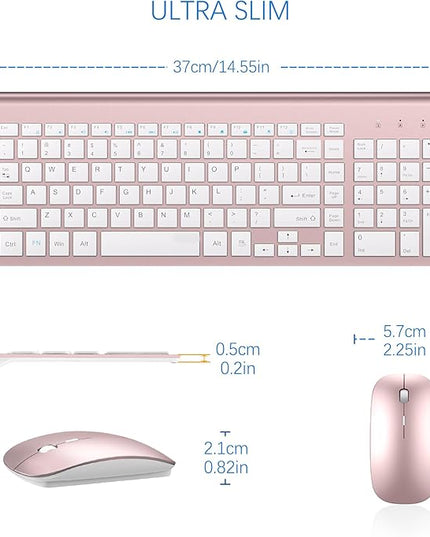 Wireless Keyboard and Mouse Ultra Slim Combo, TopMate 2.4G Silent Compact USB 2400DPI Mouse and Scissor Switch Keyboard Set with Cover, Batteries Included, for PC/Laptop/Windows/Mac - Rose Gold White