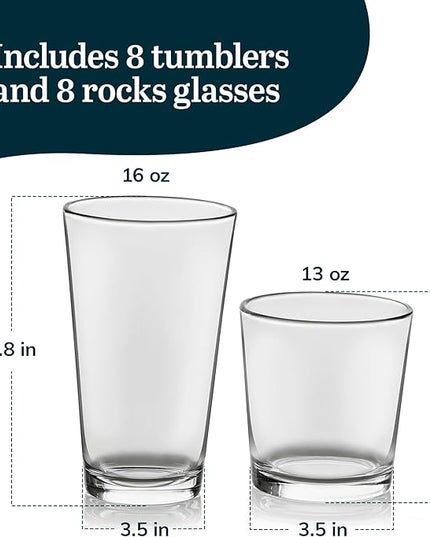 Libbey Flare Rocks, Glass Tumbler Set, Stylish Lead-Free Drinking Glasses Set of 16, Dishwasher-Safe Glass Cups Set for Daily Use and Parties