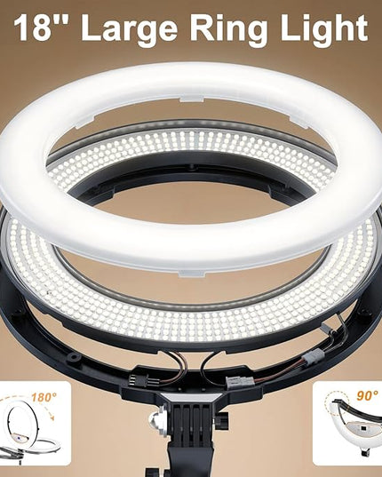 18" Large Ring Light with 60" Tripod Stand for iPhone, Portable Foldable Bi-Color 2500-6500K LED Big Ringlight for iPad with Bluetooth Remote Video Recording YouTube TikTok Photography Makeup