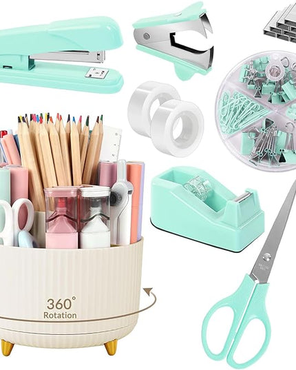 SKYDUE Teal Office Supplies Set, Office Desk Accessories 10Pcs, Pencil Holder for Desk, Stapler, Tape Dispenser, Scissors, Clips and 1000pcs Staples, School Supplies for Teacher
