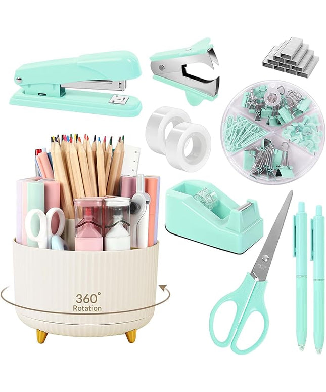SKYDUE Teal Office Supplies Set, Office Desk Accessories 10Pcs, Pencil Holder for Desk, Stapler, Tape Dispenser, Scissors, Clips and 1000pcs Staples, School Supplies for Teacher
