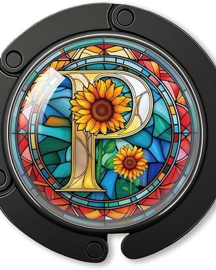 YAZMEEN Stained Glass Initial Foldable Purse Hook for Table, Stained Glass Letter P, Women's Handbag Hanger Holder, Portable Purse Table Hanger, Funny Desk Hook Gifts for Mom Wife Sister Friend BFF