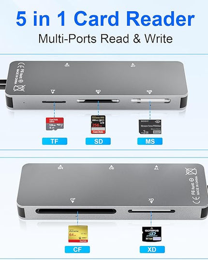 Memory Stick pro Duo Adapter 5-in-1 Multi Memory Card Reader Supports SD/TF/CF/MS/XD Picture Card for PC/USB-C/iPhone, Lightning+USB A+USB C Memory Stick pro Duo Reader for iPhone