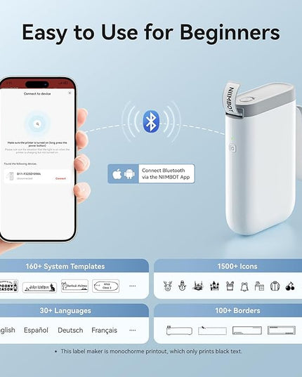 NIIMBOT Label Maker Machine D11 Label Printer Portable Wireless Connection Multiple Templates Available for Phone Easy to Use Office Home Organization USB Rechargeable
