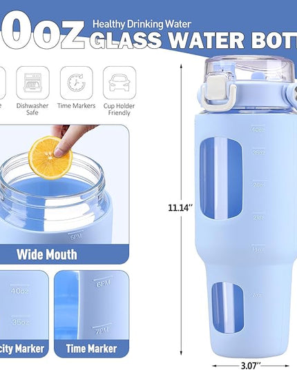 BLUEGO 40oz Glass Tumbler with Lid and Straw, Glass Water Bottles with Handle, Glass Cup with Time Marker and Silicone Sleeve, Fits Most Cup Holder, Leak-proof, Blue