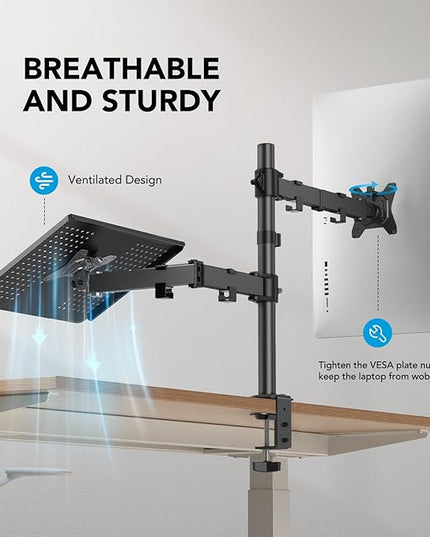 HUANUO Adjustable Monitor Stand, Single Arm Desk Mount for 32 inch Screen and 17 inch Laptop, Heavy Duty Ergonomic Bracket Holds 22lbs