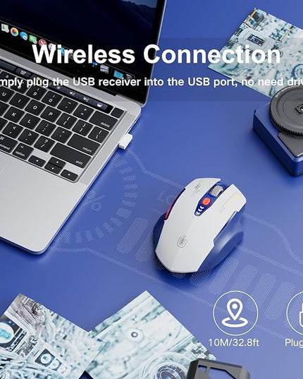 Uineer Wireless Mouse, [Upgraded] Visible Battery Display，Rechargeable Laptop Mice 2.4G USB, 4 Adjustable DPI Levels,Optical Ratón Wireless for Laptop PC Computer,White and Blue